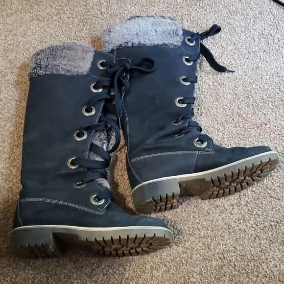TIMBERLAND Mirney Faux Fur Knee High Lace Up Boots Black Size 6 - Picture 1 of 7